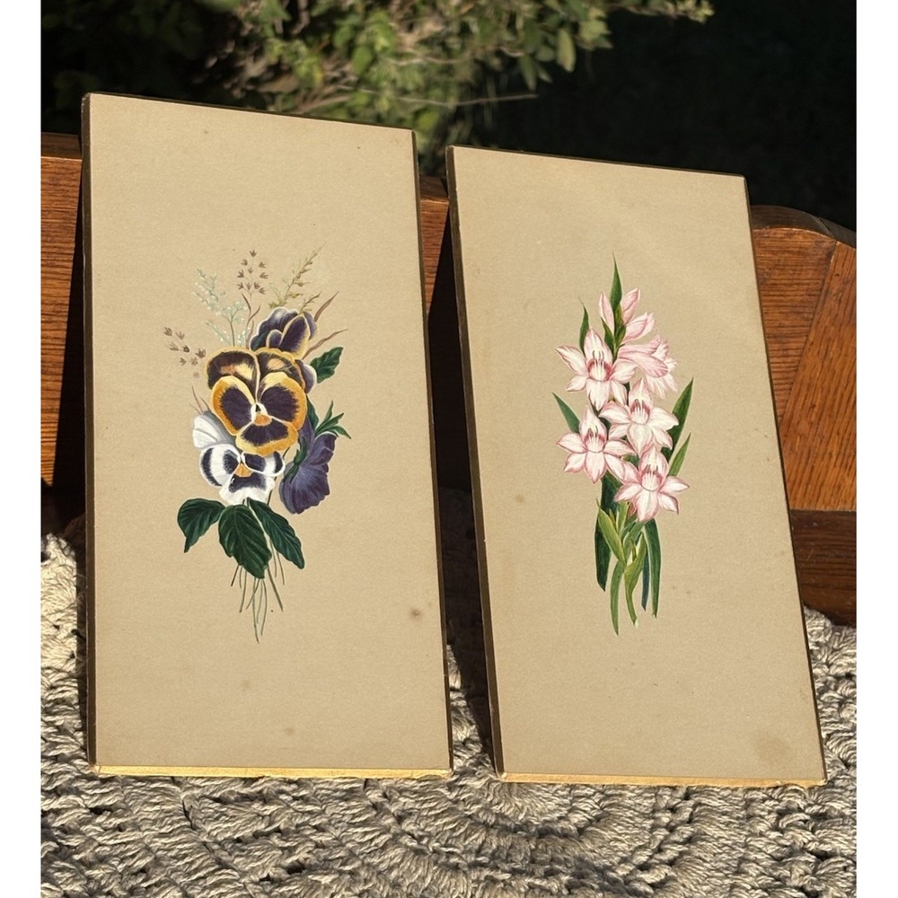 Vintage 1800's Painted Floral Art Picture Gold Outline Artist Notes 10" X 5"